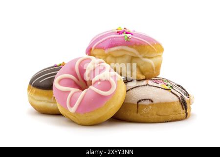 Pile of colorful tasty doughnuts on white background Stock Photo