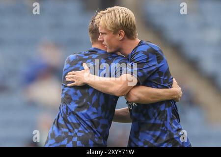 Leicester, UK. 31st Aug, 2024. Jamie Vardy of Leicester City embraces Victor Kristiansen of Leicester City in the pregame warmup session during the Premier League match Leicester City vs Aston Villa at King Power Stadium, Leicester, United Kingdom, 31st August 2024 (Photo by Alfie Cosgrove/News Images) in Leicester, United Kingdom on 8/31/2024. (Photo by Alfie Cosgrove/News Images/Sipa USA) Credit: Sipa USA/Alamy Live News Stock Photo