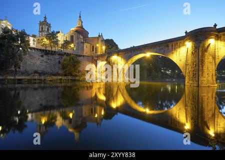 Amarante church view with Sao Goncalo bridge at night, in Portugal Stock Photo