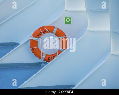 Close-up of a lifebuoy on a ship, contrasting colours, stockholm, baltic sea, sweden, scandinavia Stock Photo