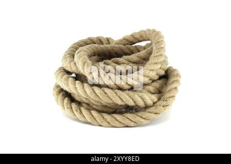 A closeup view of coiled jute rope isolated on white background Stock Photo
