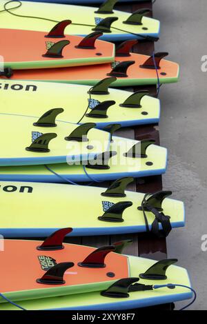 Surfboards, fins, surfing facility in the city centre of Rotterdam, Rif010, supposedly the world's first wave facility for surfers in a city, in the S Stock Photo