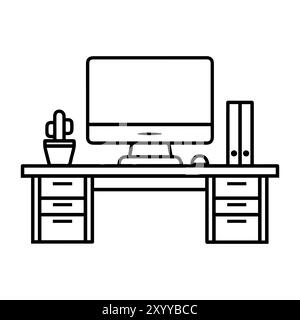 desk icon or modern line symbol. Vector line art and icon design with bold outline. Black and white Pixel Perfect minimalistic symbol isolated white b Stock Vector