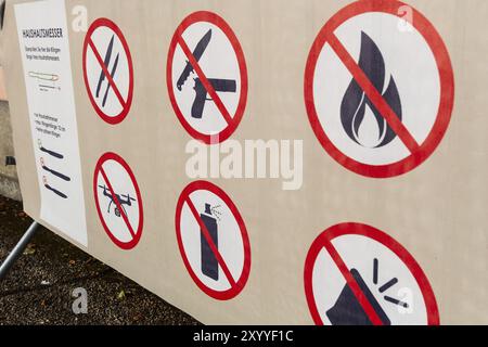 Various pictograms with knives and weapons ban at an event in Duesseldorf, Germany, Europe Stock Photo