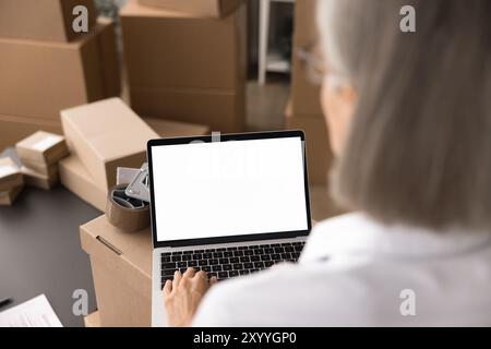 Woman working on laptop at desk covered with various packages Stock Photo