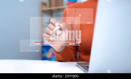 Businesswoman using computers to learning online with webinar, Internet lessons, Webinar, Education online concept, video tutorial, Education concept, Stock Photo