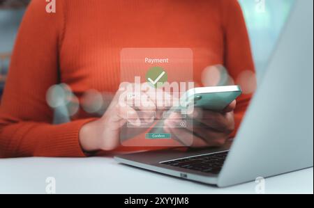 Online payment, Banking, Online shopping, Digital online payment concept, Businesswoman using smartphone, Technology online banking applications via i Stock Photo