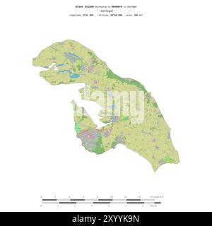 Alsen Island in the Kattegat, belonging to Denmark, isolated on a topographic, OSM standard style map, with distance scale Stock Photo