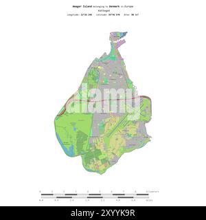 Amager Island in the Kattegat, belonging to Denmark, isolated on a topographic, OSM standard style map, with distance scale Stock Photo