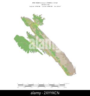 Arbe Island in the Adriatic Sea, belonging to Croatia, isolated on a topographic, OSM standard style map, with distance scale Stock Photo