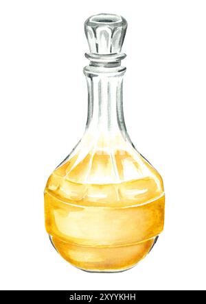 Glass decanter or flagon or carafe with beverage or  liqueur, tincture. Hand drawn watercolor illustration isolated on white background Stock Photo