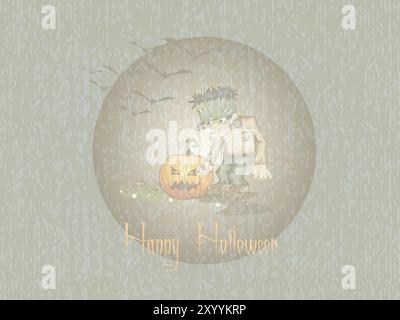 A man is standing in front of a pumpkin and a sign that says Happy Halloween. The man is wearing a mask and he is a monster. The background features a Stock Vector