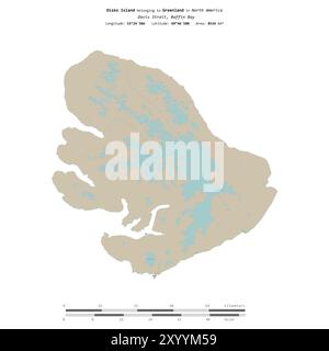 Disko Island in the Baffin Bay, belonging to Greenland, isolated on a topographic, OSM standard style map, with distance scale Stock Photo