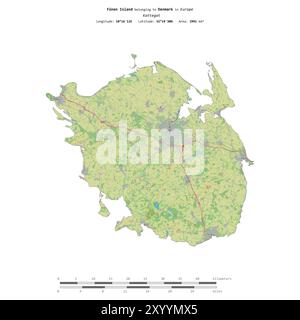 Funen Island in the Kattegat, belonging to Denmark, isolated on a topographic, OSM standard style map, with distance scale Stock Photo