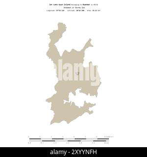 Jar Lann Kyun Island in the Andaman or Burma Sea, belonging to Myanmar, isolated on a topographic, OSM standard style map, with distance scale Stock Photo