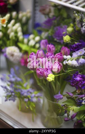 Fresh spring flowers in refrigerator for flowers in flower shop Stock Photo