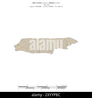 Madura Island in the Java Sea, belonging to Indonesia, isolated on a topographic, OSM standard style map, with distance scale Stock Photo