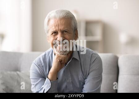 Head shot portrait satisfied mature man sitting on sofa Stock Photo