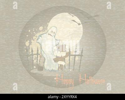 A ghost is holding a lantern and is standing in front of a fence. The moon is in the background. The image is a Halloween decoration Stock Vector