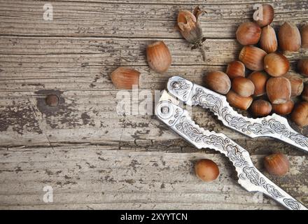 Hazelnuts (filbert) and nutcracker on old wooden table. Close up Stock Photo