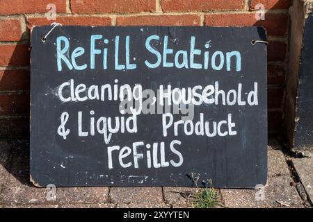 Refill Station sign for cleaning, household and liquid products refills, UK. Concept: reducing plastic waste, single-use plastics and environment Stock Photo