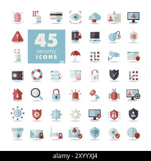 Security vector icon set. Cyber lock, password, unlock. Guard, shield, home security system icons. Eye access, electronic check, firewall. Internet pr Stock Vector