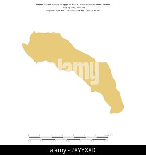 Shadwan Island in the Red Sea, belonging to Egypt, isolated on a topographic, OSM standard style map, with distance scale Stock Photo