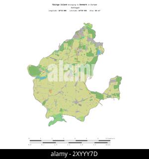 Tasinge Island in the Kattegat, belonging to Denmark, isolated on a topographic, OSM standard style map, with distance scale Stock Photo
