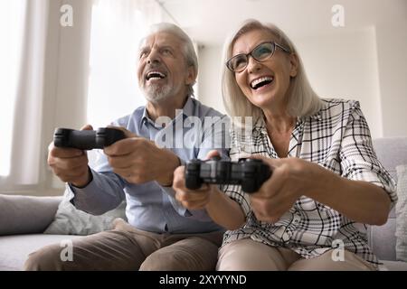 Overjoyed untroubled elderly spouses having fun at home Stock Photo