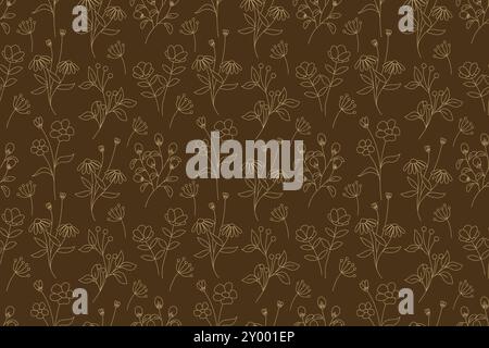 A seamless pattern featuring abstract outlines of flowers and leaves in beige on a brown background. Stock Vector