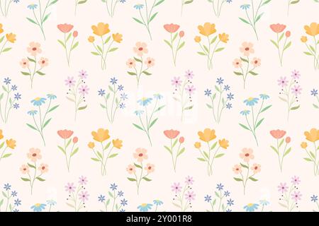A repeating pattern of various pastel-colored wildflowers on a white background. Stock Vector