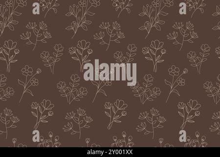 A seamless pattern featuring a brown background with a repeating pattern of minimalist line art flowers in white. Stock Vector