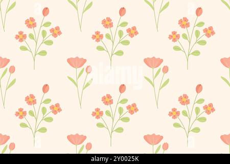 A repeating pattern of pink flowers and buds with green leaves on a pale background. Stock Vector