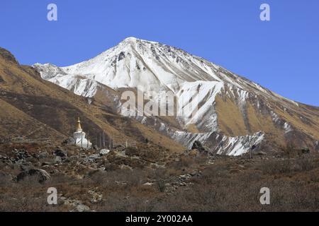 Mount Tserko Ri and small stupa. Spring scene in the Langtang valley Stock Photo