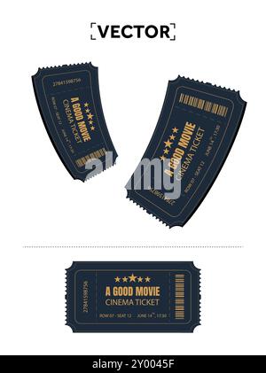 3d flying movie tickets template in blue navy color with barcode, serial number, rating stars, isolated on white background. Falling tickets icon. Vector illustration. Vector illustration Stock Vector