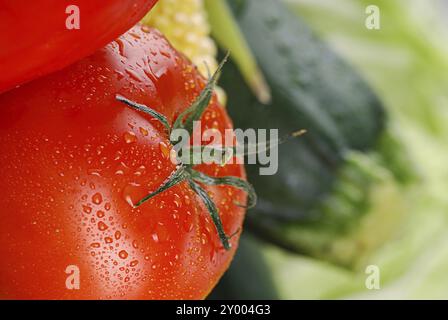 Closeup of tomato and raw vegetables Stock Photo