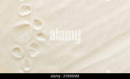 Travel flat lay, vacation concept. Sea shell print on sand and conch imprint. Travelling to warm countries, vacation trip. Copy space for different tr Stock Photo