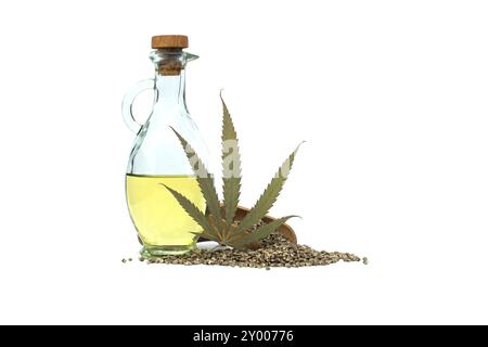 Hemp leaf in front of cannabis oil in glass decanter and hemp seeds in wooden mortar on white background Stock Photo