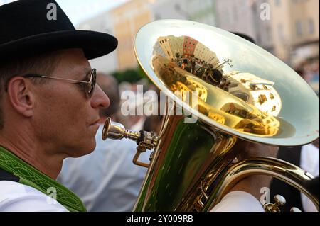 Traditional folk festival in Muehldorf, Mühldorf am Inn, Upper Bavaria, Germany, August 30 2024, musician of the town band Stock Photo