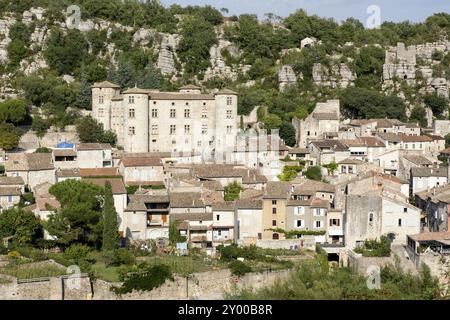 The town of Voguee with castle, France, Europe Stock Photo