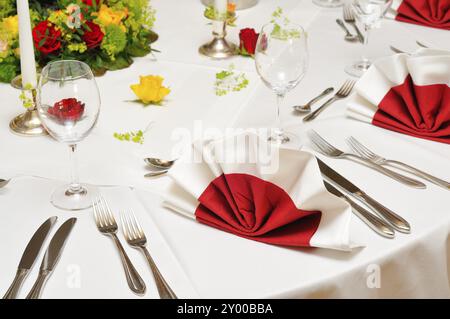 Wedding catering setting with plate and cutlery disposition on the table Stock Photo
