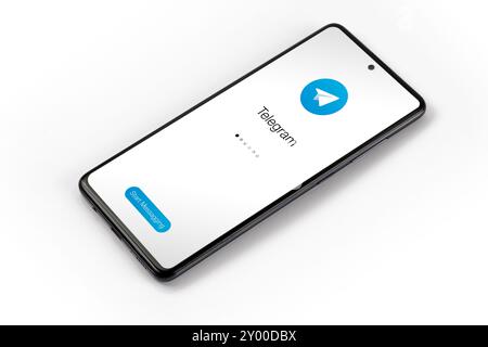USA, august 2024, example of a mobile phone with the initial image of the social software Telegram on the display, illustration Stock Photo