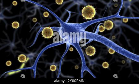 Biomedical illustration of the eastern equine encephalitis disease attaching to a neuron Stock Photo