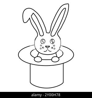 Cute rabbit in a hat, doodle style flat vector outline illustration for kids coloring book Stock Vector