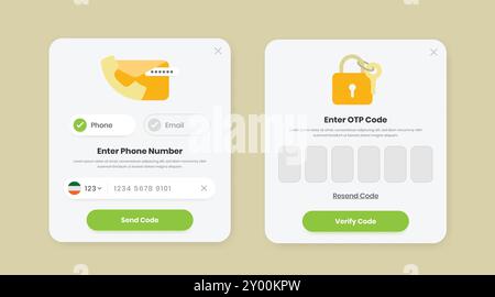 Secure login phone and email OTP verification popup ui element kit design with illustration Stock Vector