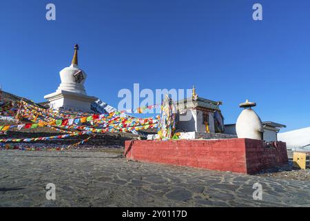 Stupa and prayer flags at the Zheduo Shan Pass, Kangding, Sichuan, China, Asia Stock Photo