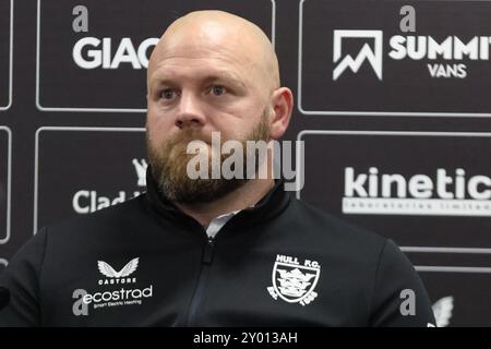 Hull, UK. 31st Aug, 2024. The MKM Stadium, West Park, Hull, Humberside, East Yorkshire, 31st August 2024. Betfred Super League Hull FC vs Castleford Tigers Simon Grix (Head Coach) of Hull FC in the post match press conference frustrated with his sides performance of following the defeat against Castleford Tigers Credit: Touchlinepics/Alamy Live News Stock Photo