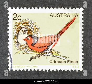 Cancelled postage stamp printed by Australia, that shows Crimson Finch (Neochmia phaeton), circa 1979. Stock Photo