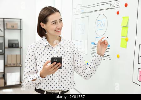 Developing UI design. Woman drawing website wireframe on whiteboard indoors Stock Photo