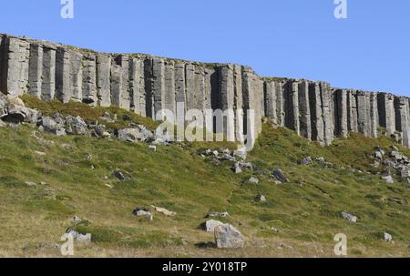 From Wikipedia: Gerðuberg (also transliterated Gerduberg) is a protected cliff made of dolerite, a coarse-grained basalt rock. It is located on the Sn Stock Photo